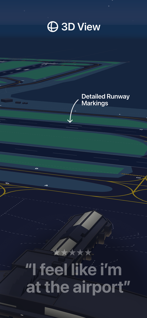 ATC - Live Air Traffic Radio - Vue détaillée de la carte d'aéroport 3D montrant les marquages de piste dans l'application ATC