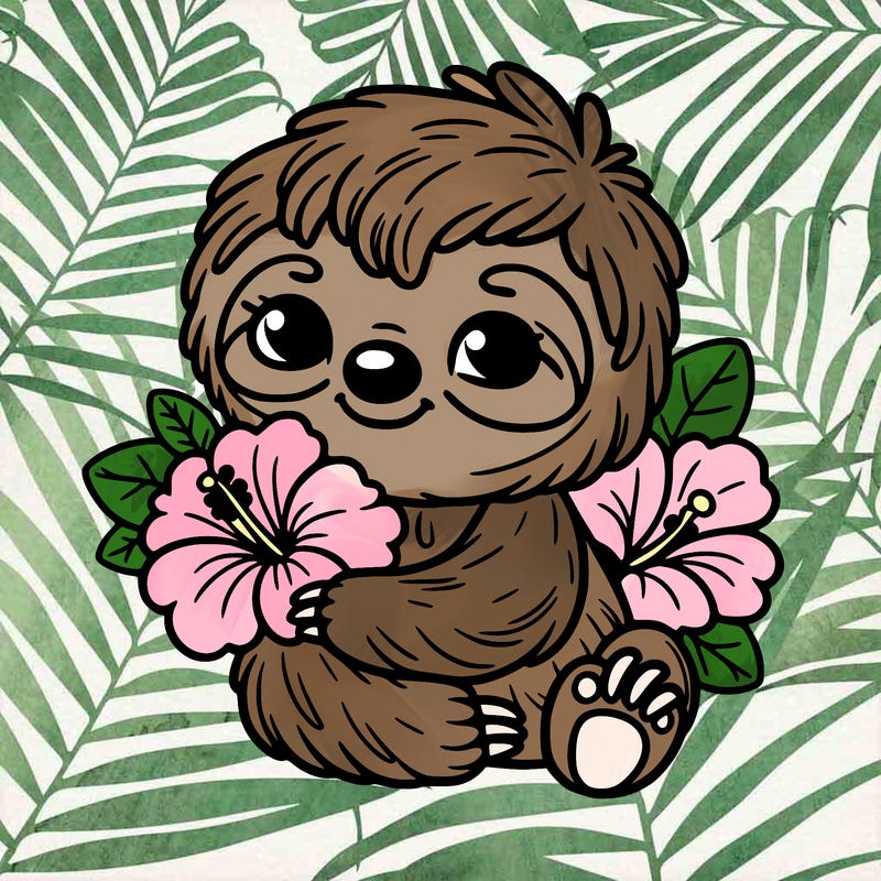 baby sloth holding hibiscus flowers