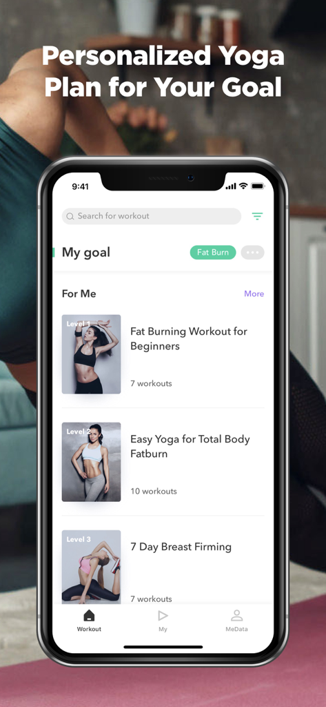 YogaMe｜Yoga for beginners. - YogaMe app screen displaying personalized yoga and fat burning workout plans for beginners