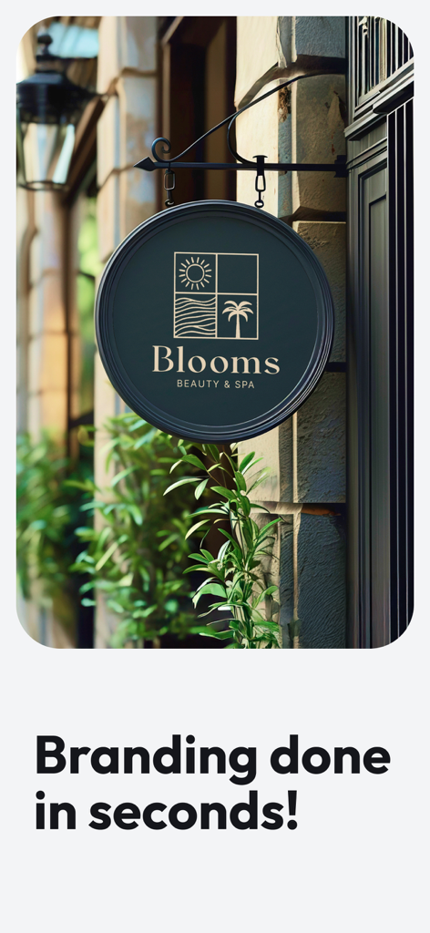 Logofy AI Logo Maker & Creator - A circular storefront sign showing a logo for Blooms Beauty and Spa created with Logofy AI