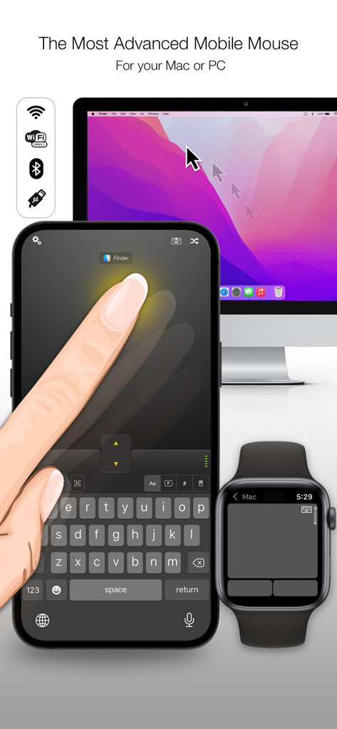 Aplicación Mobile Mouse demostrando el control remoto de un Mac usando iPhone y Apple Watch