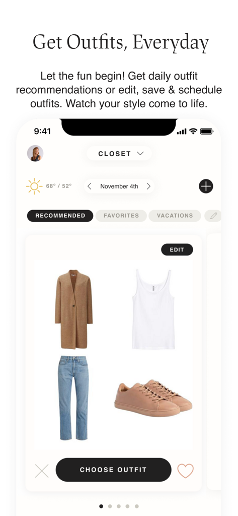 Cladwell app interface showing a recommended daily outfit based on weather conditions