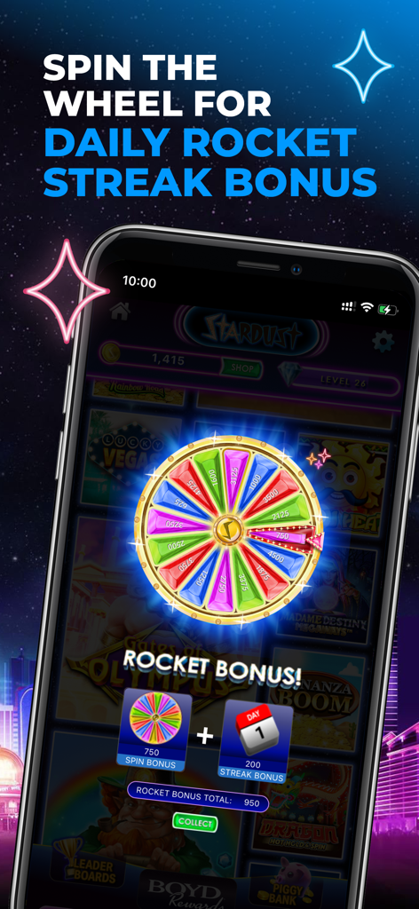 A colorful prize wheel in the Stardust Social Casino app displaying a daily rocket streak bonus reward.