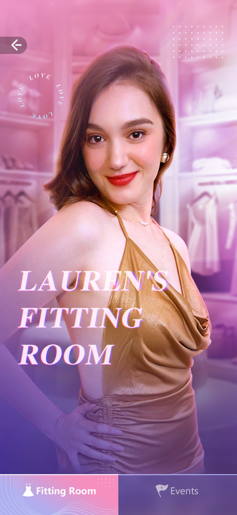 Lauren wearing a gold dress in the fitting room of the Love Choice interactive game