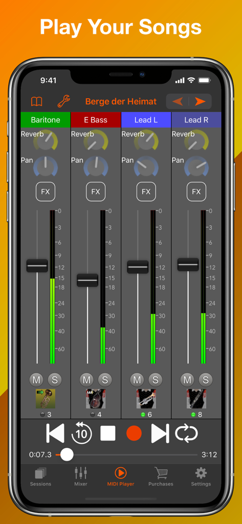 Turbosounds for Accordion - マルチトラックミキサーと曲の再生コントロールを表示するTurbosounds for Accordionアプリのインターフェース