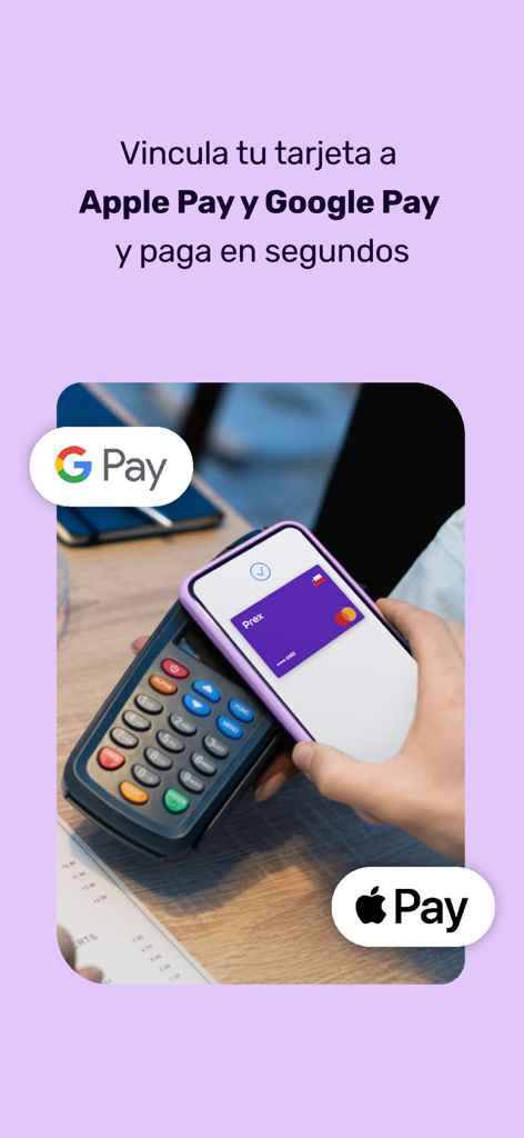 Prex Chile - Cuenta Digital - Person paying at a terminal with a smartphone using Prex Chile via Apple Pay and Google Pay