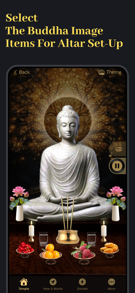 Buddhist Prayer - ePrayer - A virtual Buddhist altar setup featuring a white Buddha statue surrounded by lotus flowers incense and fruit offerings
