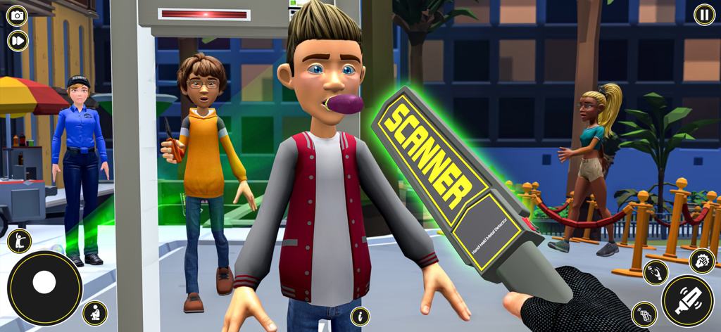 Security Duty Club Watchman - A security guard using a handheld metal detector to scan a visitor at a club entrance in a simulation game.