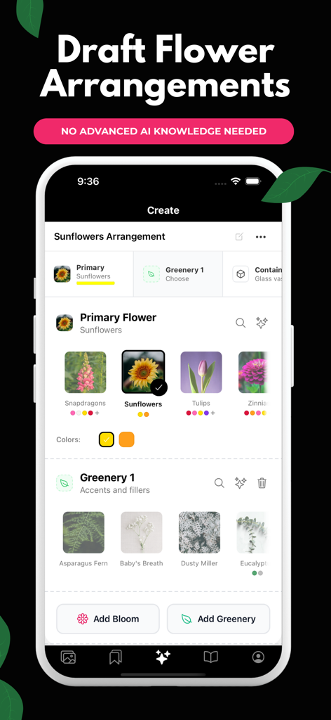 Floral AI - Una interfaz de aplicación móvil que muestra el creador de arreglos florales con opciones para seleccionar girasoles y vegetación.