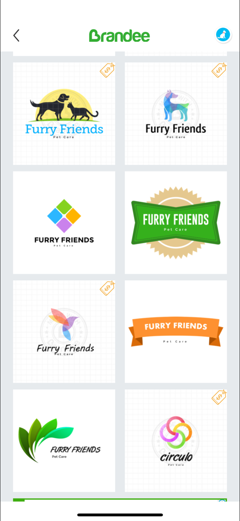 Brandeeアプリ内で、ペットケアビジネス用のさまざまなロゴデザインテンプレートのグリッド