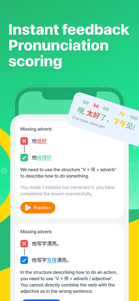Una pantalla móvil que muestra puntuación de pronunciación en mandarín y correcciones gramaticales para el aprendizaje de idiomas.
