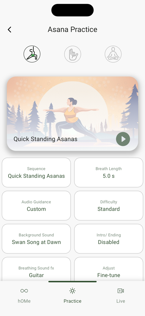 Ashtanga Yoga Home - Interface for customizing yoga practice settings including breath length, audio guidance, and sequence selection.