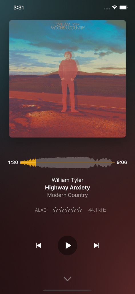 Plexamp Musik-Player Now Playing-Bildschirm mit hochwertigen ALAC-Audioinformationen und Wellenform-Sucher