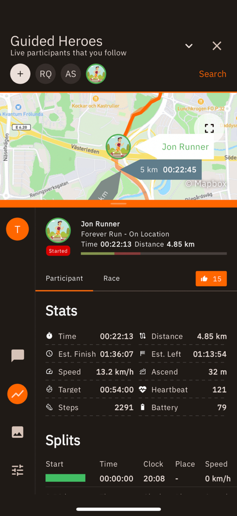 Guided Heroes - Real-time GPS race tracking and performance statistics on the Guided Heroes app dashboard.