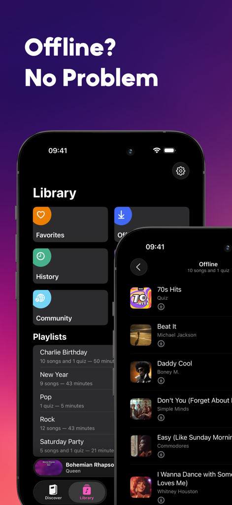 KaraFun – Karaoke & Music Quiz - KaraFun app screens displaying offline song library and custom playlists on an iPhone