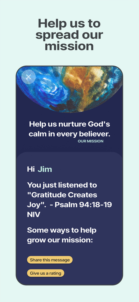 Soulspace app screen asking users to help spread the mission by sharing or giving a rating after a meditation session.