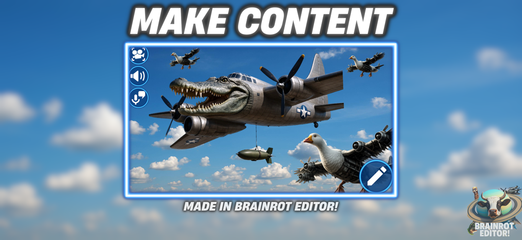 Brainrot Editor! - A screenshot of Brainrot Editor showing a surreal meme of a crocodile-headed airplane and mechanical birds in a blue sky.