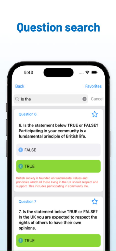 Life in UK: Exam 2026 - App interface displaying a search for Life in the UK exam practice questions.