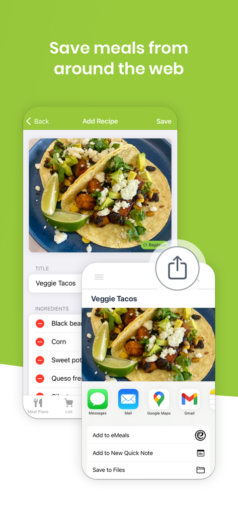 eMeals - Healthy Meal Plans - Tela do aplicativo móvel mostrando como salvar receitas de tacos vegetarianos da web no aplicativo eMeals usando a função de compartilhamento