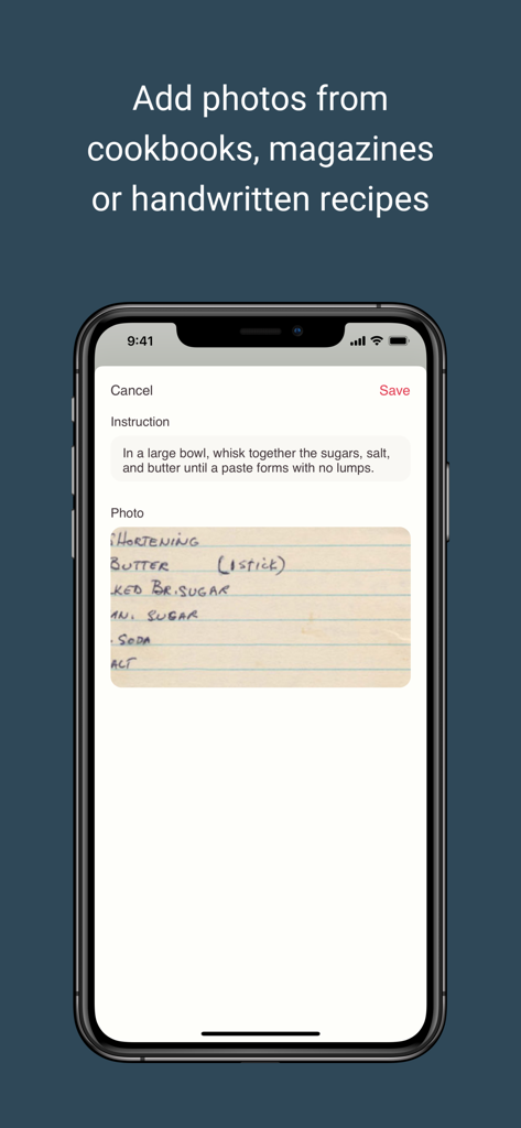 Potluck - Your Recipe Cookbook - Smartphone screen showing how to add a photo of a handwritten recipe to the Potluck app