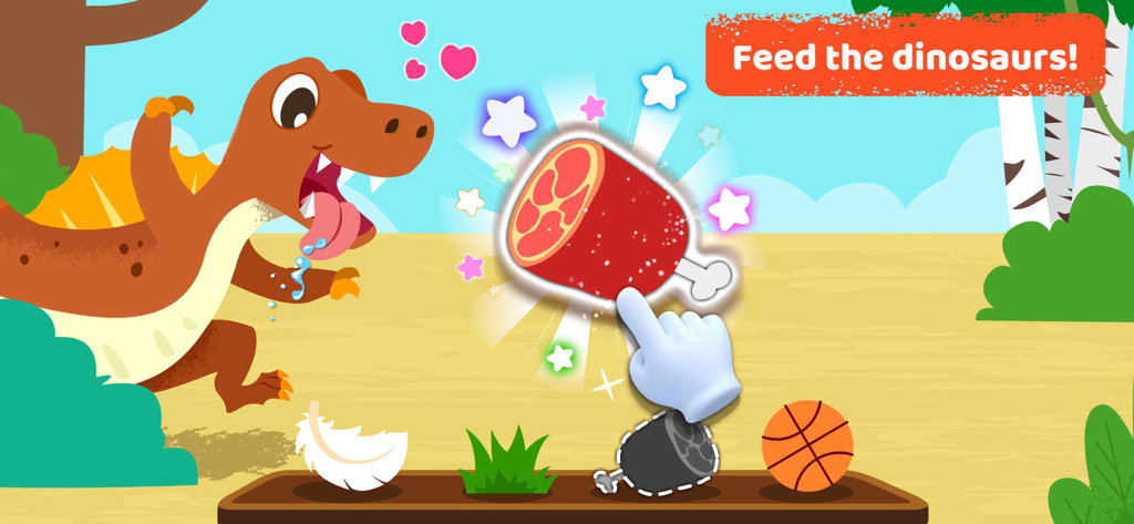 Baby Panda Preschool Science - Interactive screen showing a hand feeding meat to a cartoon dinosaur
