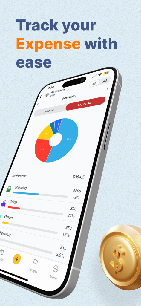 Un smartphone que muestra la interfaz de la aplicación Money Tracker con un gráfico circular colorido de los gastos mensuales.