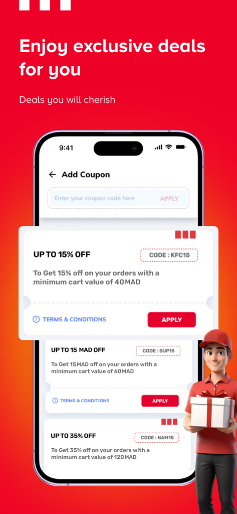 KFC Morocco | KFC Maroc - Interface de l'application mobile KFC Maroc affichant des coupons de réduction exclusifs et des offres promotionnelles avec une mascotte de livraison animée.