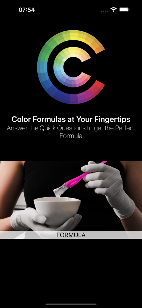 Color Coach Hair Formulation - Color Coach hair formulation app screen featuring a colorful logo and a stylist mixing hair dye in a bowl.