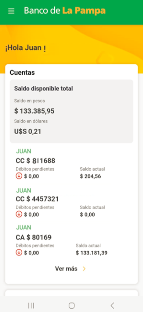 Pampa Digital - Empresas - Dashboard mobile dell'app di Pampa Digital per aziende che mostra i saldi dei conti in pesos argentini e dollari USA