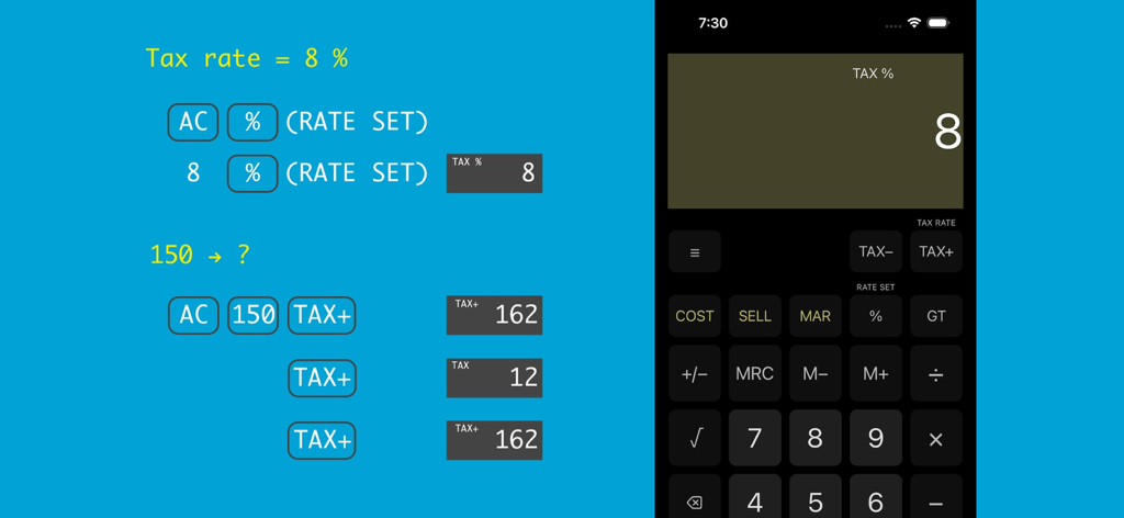 Tutorial showing how to set an 8 percent tax rate and calculate the total amount including tax on the Simple Calculator app interface.