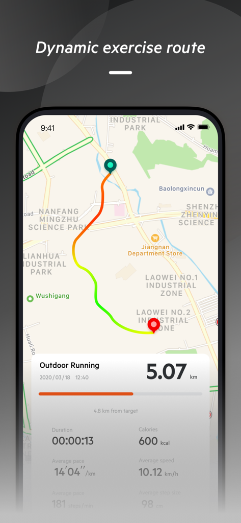 TOZO FIT - TOZO FIT app displaying a dynamic GPS route and workout statistics for outdoor running
