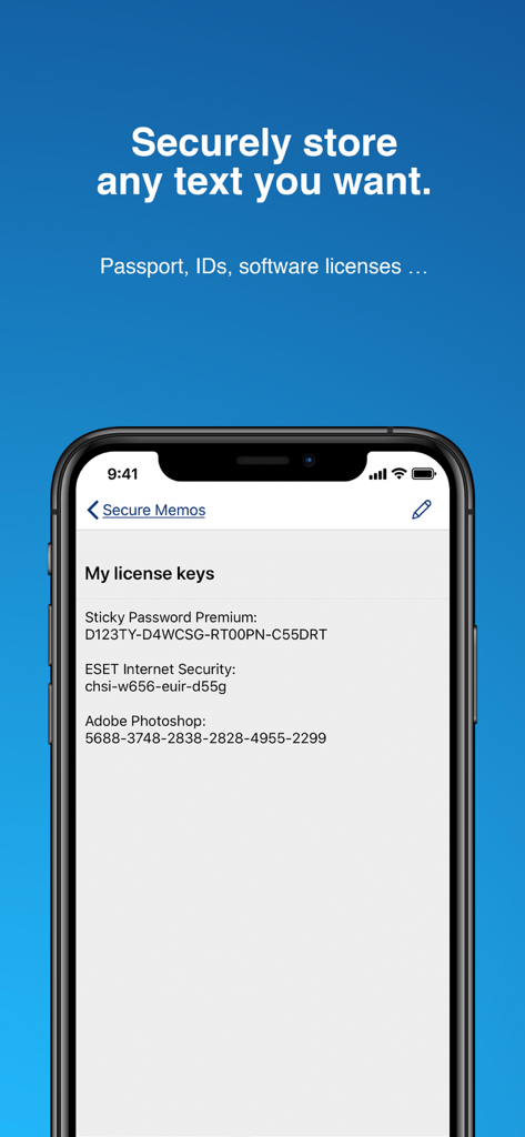 Pantalla de smartphone que muestra la función de Notas Seguras en Sticky Password Manager para almacenar claves de licencia de software.