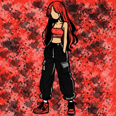 girl in baggy pants crop top and long hair