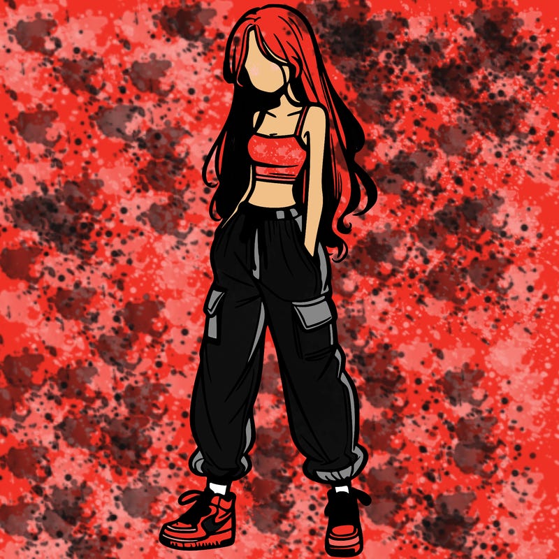 girl in baggy pants crop top and long hair