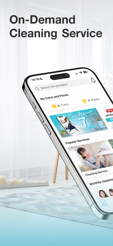 Interfaccia dell'app mobile BeNeat che mostra servizi di pulizia on-demand e ricerca fornitori.