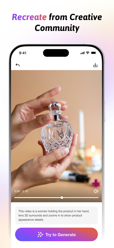 SellerPic - AIテキストプロンプトを使用してクリエイティブコミュニティから製品ビデオを再作成する機能を示すSellerPicアプリインターフェイス。