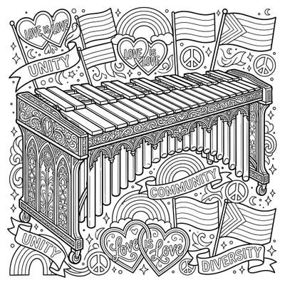 Dive into a harmonious blend of music and celebration with this intricate coloring page featuring a Gothic marimba. Adorned with symbols of Pride, it's a unique tribute to love, diversity, and community.