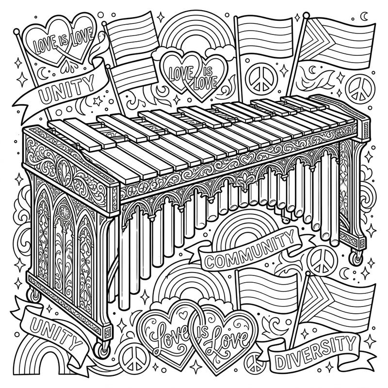 Dive into a harmonious blend of music and celebration with this intricate coloring page featuring a Gothic marimba. Adorned with symbols of Pride, it's a unique tribute to love, diversity, and community.