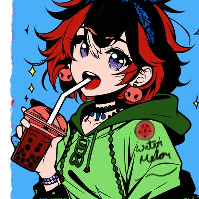hot baddie anime girl drinking boba and biting the straw
