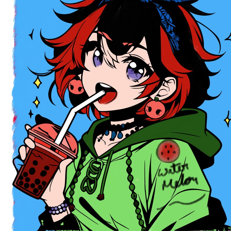 hot baddie anime girl drinking boba and biting the straw