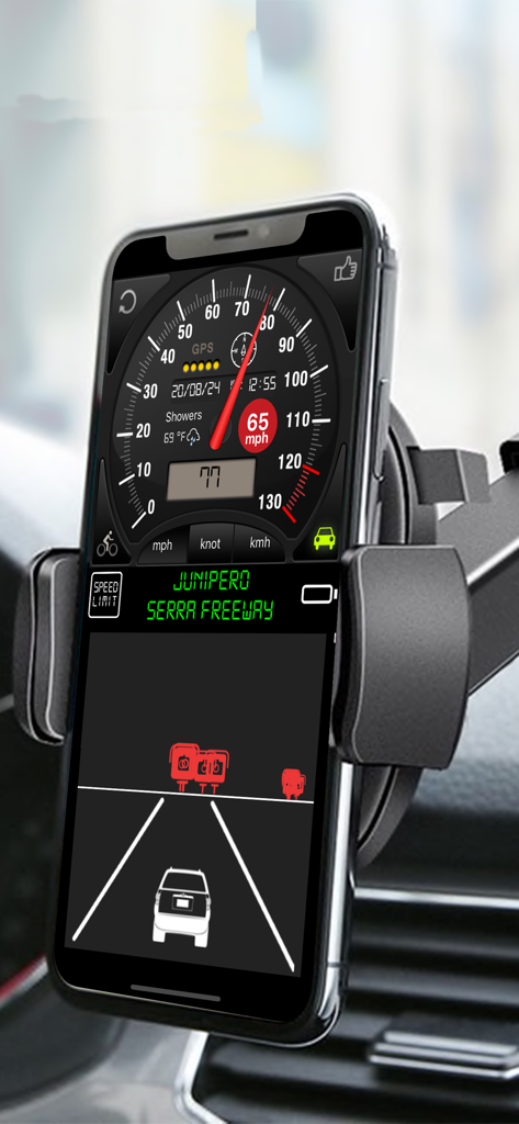 Speedometer ⊲ - Aplicación de velocímetro digital en un iPhone montado en el panel de control de un coche mostrando el límite de velocidad y las alertas de cámara