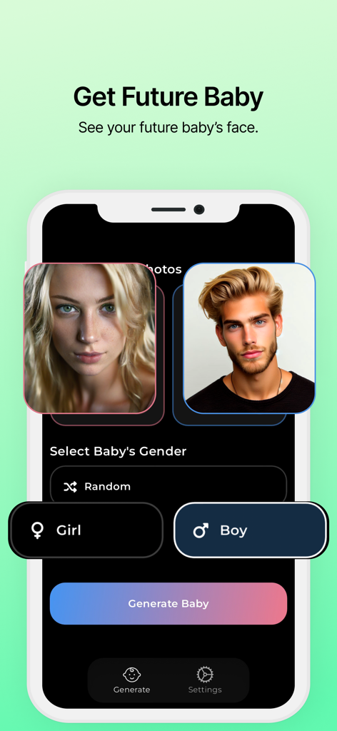 AI Baby Generator: FutureBaby - Mobile app screen for generating a future baby face showing photo uploads and gender selection options