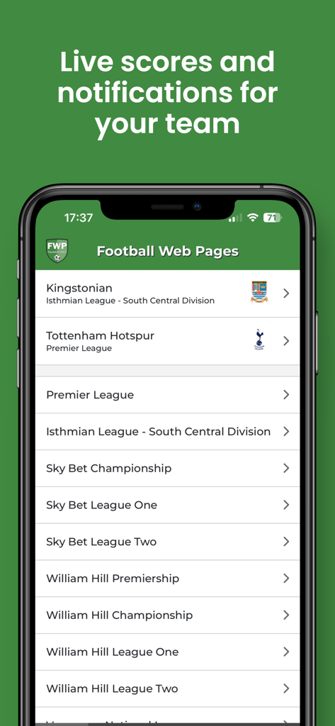 Football Web Pages v2 - Smartphone screen showing the Football Web Pages app interface with a list of English soccer leagues and favorite teams