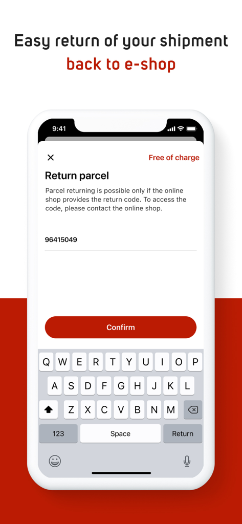 Oberfläche der Packeta-Mobil-App, die den Rücksendebildschirm für Pakete mit einem Feld zur Eingabe eines Rücksendecodes für den Online-Shop zeigt.