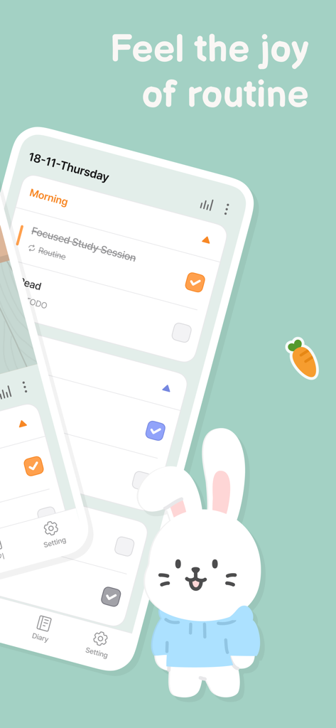 Roubit : Fun Routine Planner - 작업 목록과 귀여운 토끼 캐릭터가 표시된 Roubit 루틴 플래너 앱 스크린샷.