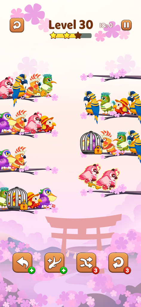 Bird Sort 2 Color Puzzle Game - Bird Sort 2 gameplay showing colorful birds on branches with a cherry blossom background