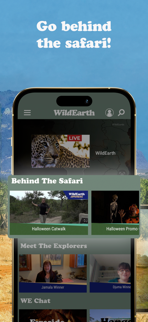 WildEarth TV app interface showing behind the scenes content and explorer community winners