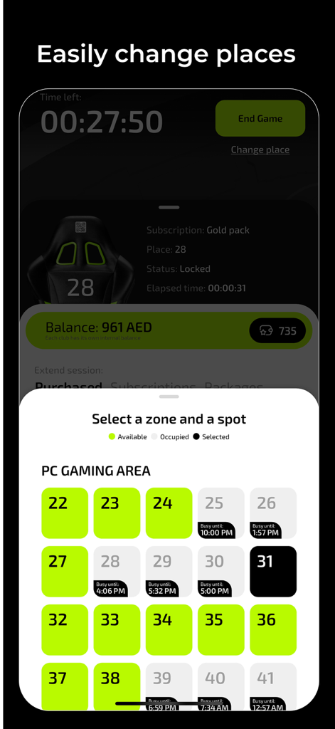 Mobile screen of iZi.Play app displaying available and occupied gaming spots in a PC club.
