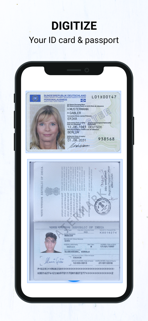 Pantalla de smartphone que muestra la digitalización de un documento de identidad y un pasaporte utilizando la aplicación de escáner OCR