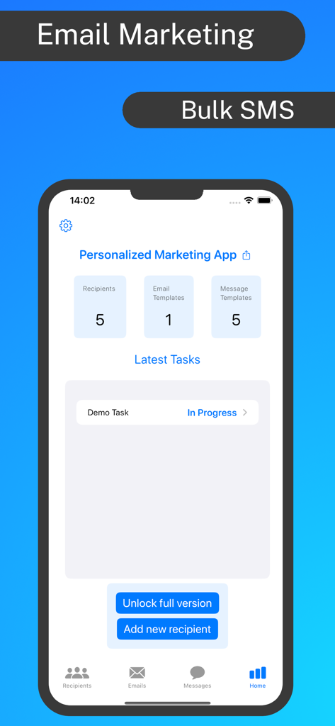 SMS Newsletter: Send bulk sms - Interfaccia dell'app di marketing personalizzato che mostra il conteggio dei destinatari e le attività attive.